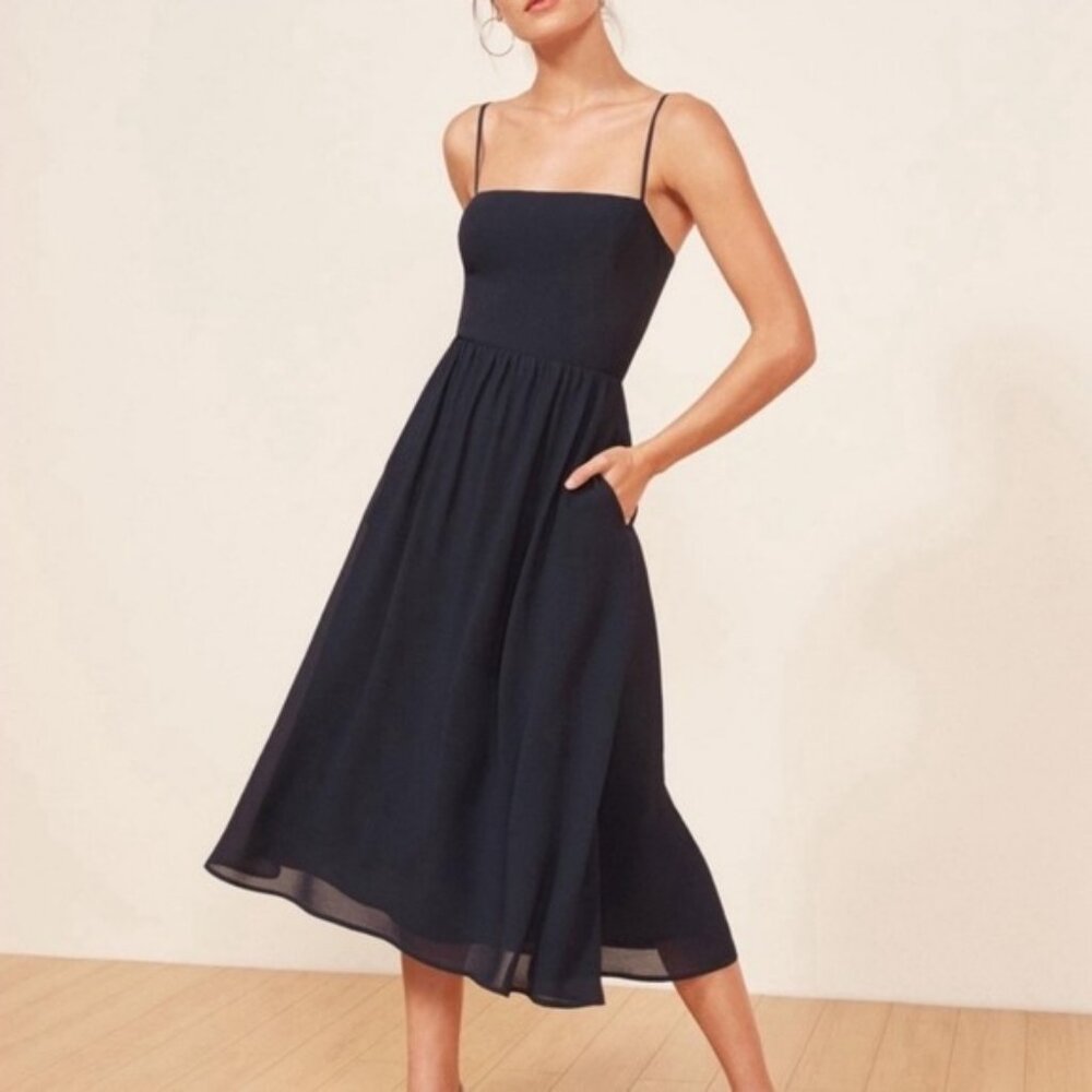 Reformation Rosehip Dress Navy Blue Size 4 Sleeveless Crepe Midi with Pockets